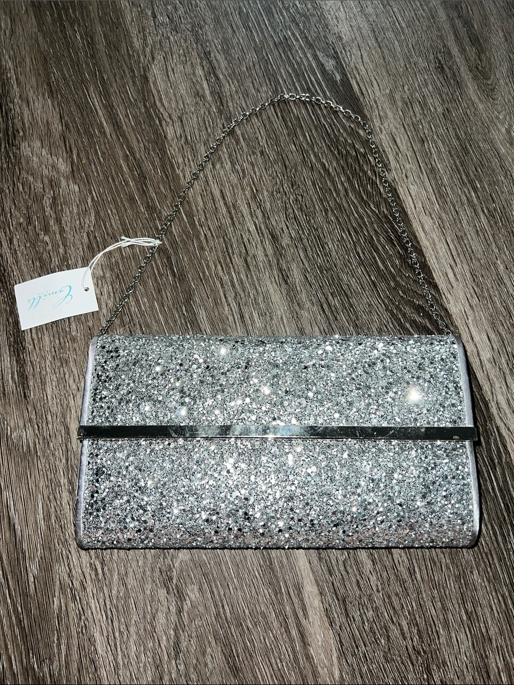 NWT Camille Silver Glitter Chain-Clutch Evening Bag